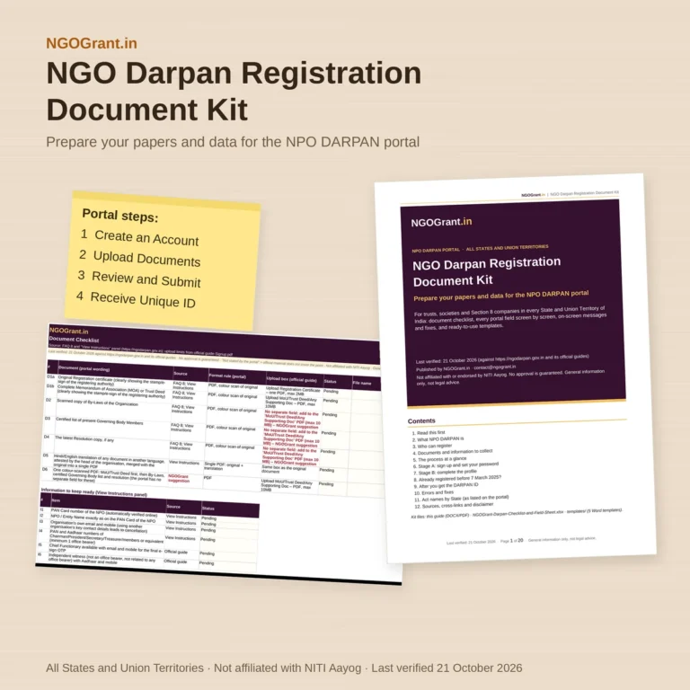 NGOGrant.in NGO Darpan Registration Document Kit: the printed guide cover and document checklist sheet on a desk, with a sticky note listing the portal's four steps: Create an Account, Upload Documents, Review and Submit, Receive Unique ID.