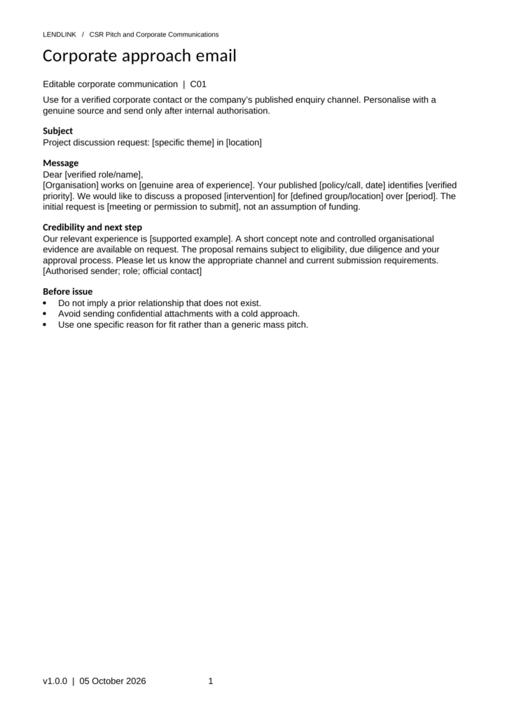 Corporate approach email — unfilled Word template from CSR Proposal and Due Diligence Pack