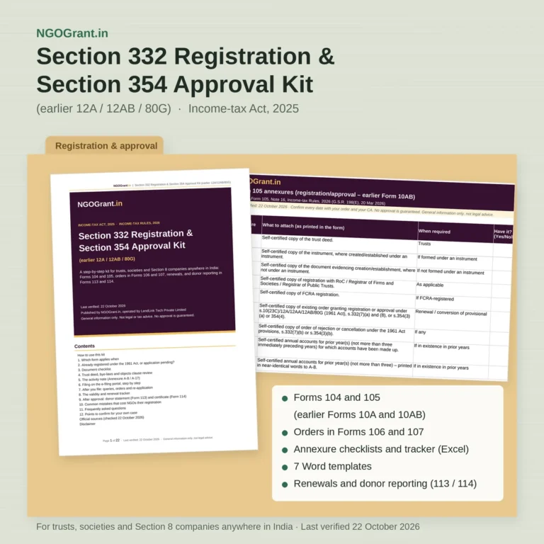 NGOGrant.in 12A and 80G Registration Kit (Sections 332 and 354): printed guide cover and Form 105 annexure checklist in an open folder. Covers Forms 104 and 105 (earlier Forms 10A and 10AB), orders in Forms 106 and 107, an Excel tracker and seven Word templates.